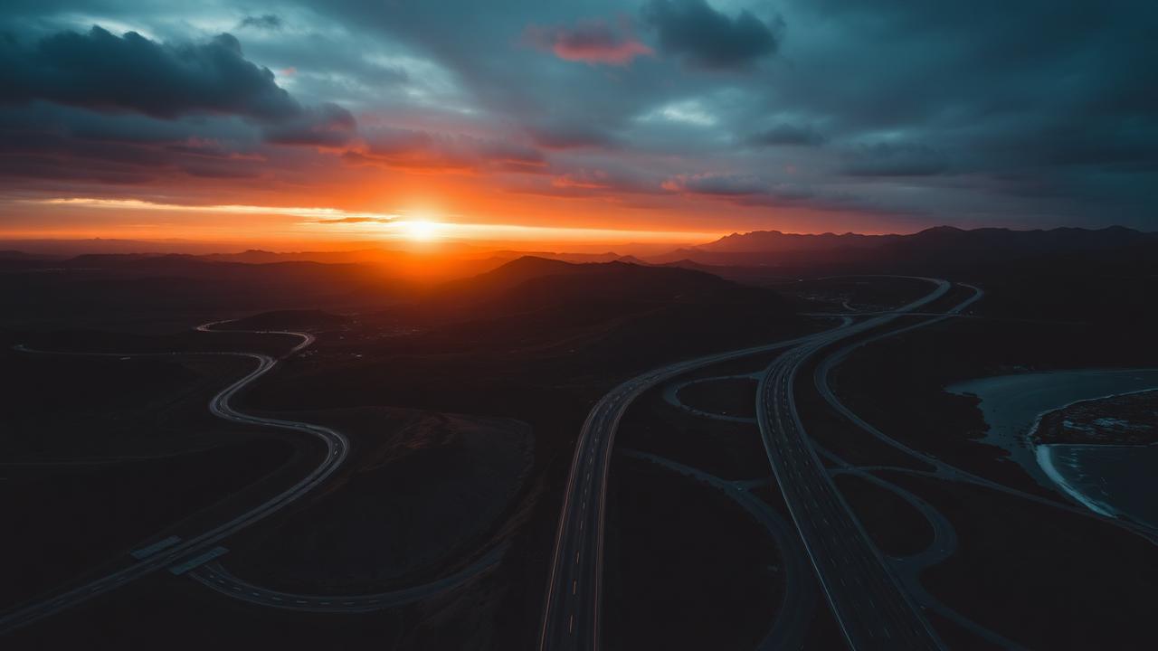 Different roads converging toward one destination at sunset